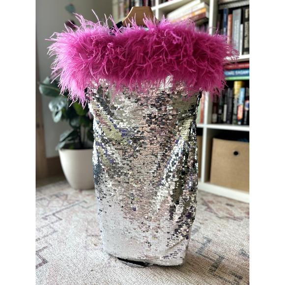 Silver Sequin Dress with Pink Feather Trim - Picture 1 of 6
